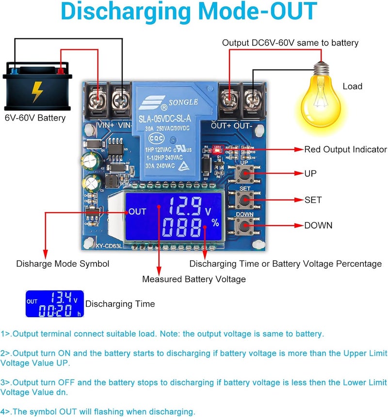 IS Low Voltage Disconnect, ICSTATION DC 6V-60V 30A Charging Discharging Protection Board with LCD Display Low Voltage Protector Disconnect Switch Module for Lead Acid Lithium Battery - Image 4